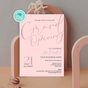 Szablon ulotki o uruchomieniu firmy, projekt zaproszenia na wielkie otwarcie, edytowalne zaproszenie na imprezę Salon Sip & Shop, kobieca różowa ulotka marketingowa