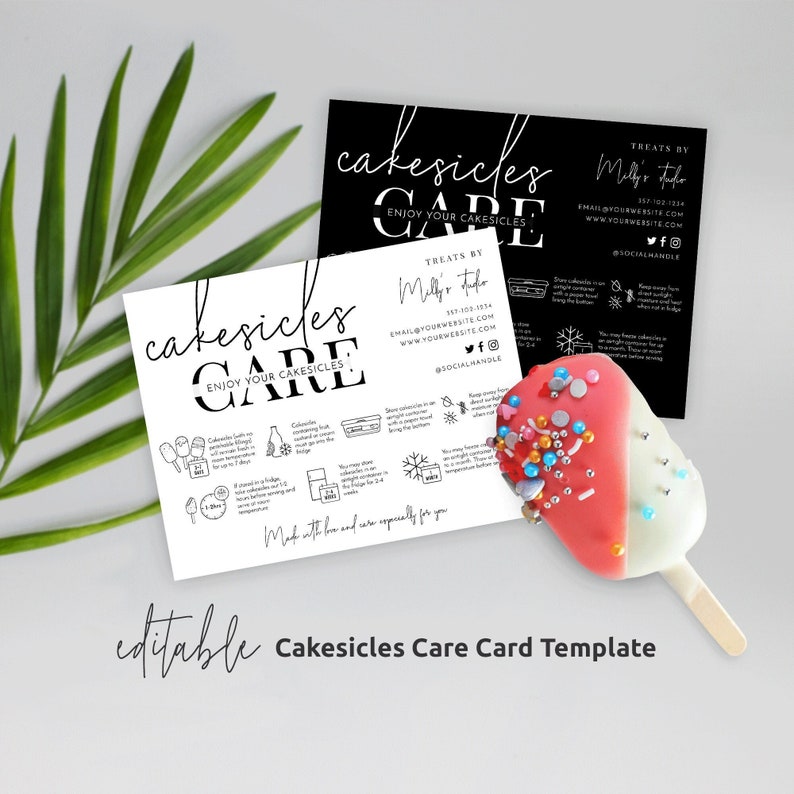 Puede incluir: Plantilla de tarjeta de cuidado imprimible en blanco y negro para cakesicles con el texto "Cakesicles Care" e instrucciones para almacenar y disfrutar de los cakesicles. La plantilla es editable e incluye informaci&oacute;n de contacto para la panader&iacute;a.