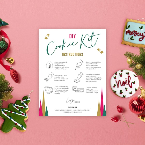Christmas DIY Cookie Kit Instructions, Holiday Cookie Decorating Pack Customer Guide, Editable Bakery Card Script Font, Digital Download