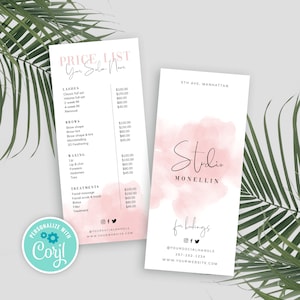 Modelo de lista de preços faça você mesmo, design de lista de preços para impressão, modelo de guia de preços para salão de beleza, cardápio de preços em aquarela, lista de preços feminina, WS01