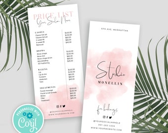 Plantilla de lista de precios DIY, Diseño de lista de precios imprimible, Plantilla de guía de precios para salones de belleza, Menú de precios en acuarela, Lista de precios femenina, WS01