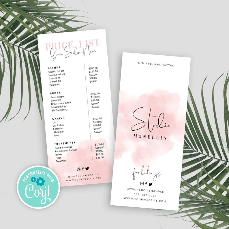 Elegant script font pricing template with pink watercolor background. This business price sheet template is 4x9 inch and includes front and back templates. Add your products or services pricing and create a feminine price menu design