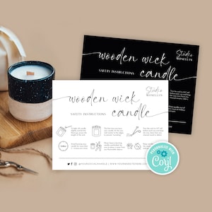 Sjabloon houten lont kaarsonderhoudsinstructies, doe-het-zelfwaarschuwing kaars, veiligheidshandleiding voor minimale kaarsen, afdrukbare kaarten elegant, M-004