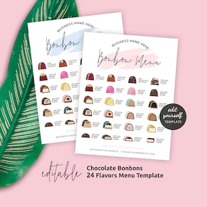 24 Bonbon Flavors Menu Template, DIY Chocolates Flavors Guide, Printable 8x10" & 5.5x4.25" Choc Candy Bar Sign, Bakery Menu PW-001