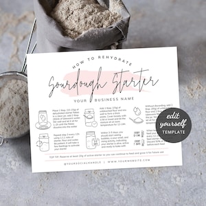 Rehydrating Sourdough Starter Guide Template, Dehydrated Bread Levain Feeding Guide, Pink Watercolor, Printable Bakery Care Cards, PW-001