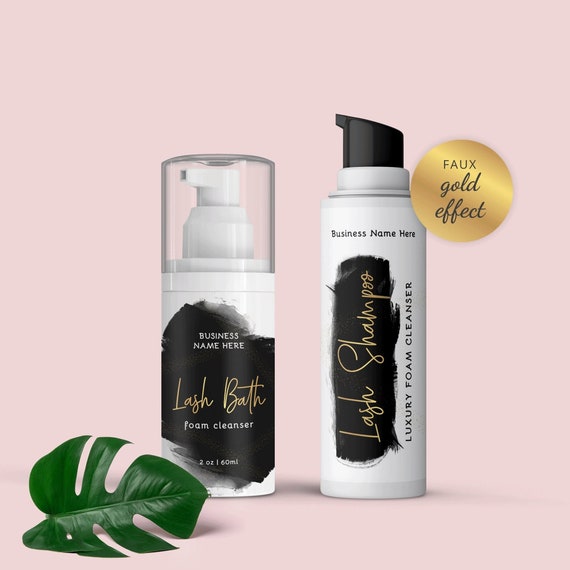 Lash Foam Bottle Label Template, Eyelash Cleanser Wrap Around Sticker,  Editable 30ml 50ml 60ml Lash Shampoo Branding Black & Gold, BW-001 