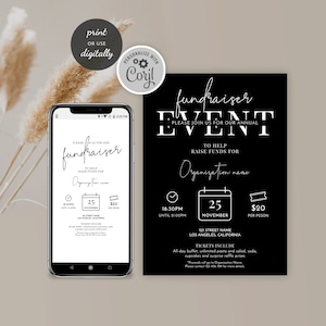 May include: Black and white fundraiser event invitation with a white calendar icon, clock icon, and ticket icon. The text reads "fundraiser event" and "Please join us for our annual event to help raise funds for Organization name". The date is November 25th, the time is 6:30 PM until 9:00 PM, and the ticket price is $20 per person. The address is 123 Street Name, Los Angeles, California. The text also includes "Tickets include all-day buffet, unlimited pasta and salad, soda, cupcakes and surprise raffle prizes. Proceeds will go to Organization Name. Please contact 123 456 789 for more details."