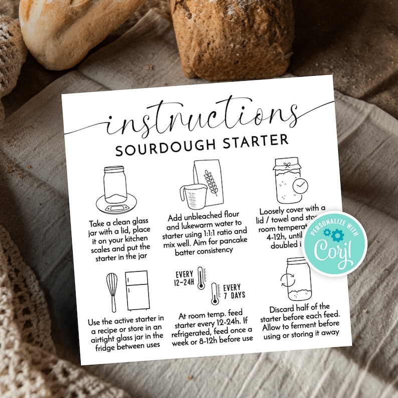 Sourdough Starter Care Card Template, Minimalist Design, Customizable Levain Feeding Instructions, Printable Bread Bakery Guide, M-004 image 8