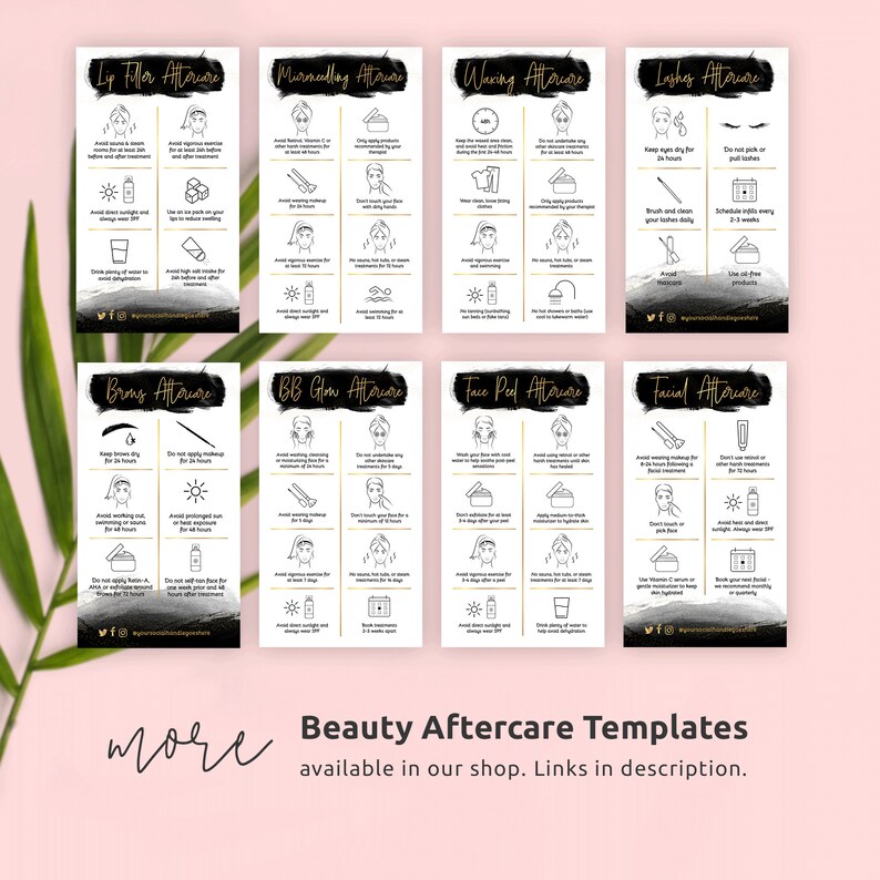 Puede incluir: Plantillas de cuidado posterior de belleza imprimibles en blanco y negro con detalles dorados. Las plantillas incluyen instrucciones para rellenos de labios, microblading, depilaci&oacute;n con cera, pesta&ntilde;as, cejas, BB glow, peeling facial y cuidado posterior del rostro.