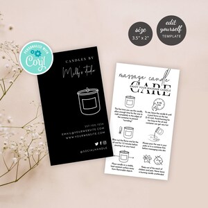 May include: Black and white business card for a candle company called "Milly's Studio". The card includes the company name, contact information, and a simple illustration of a candle. The back of the card has instructions for using a massage candle, including how to burn it, how to pour the wax, and safety tips.