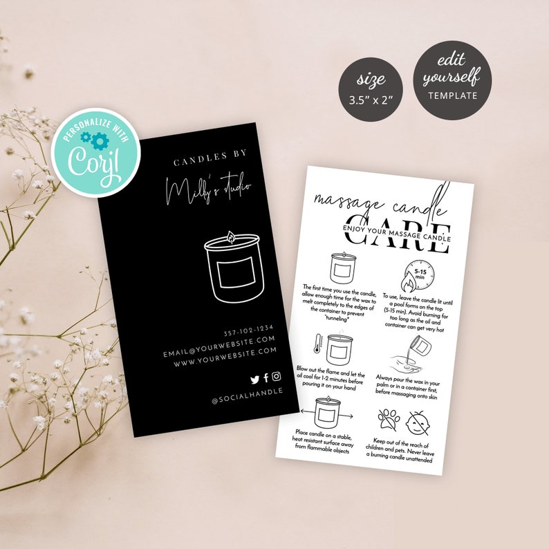 May include: Black and white business card for a candle company called "Milly's Studio". The card includes the company name, contact information, and a simple illustration of a candle. The back of the card has instructions for using a massage candle, including how to burn it, how to pour the wax, and safety tips.