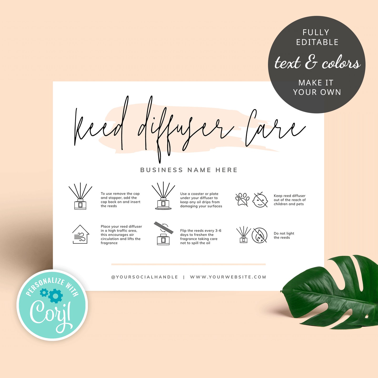 Reed Diffuser Care Guide Template, Custom Room Diffuser Care Cards ...