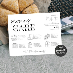 May include: Black and white illustration of a guide for storing and reheating scones. The guide includes instructions for storing in the refrigerator, freezing, reheating in the microwave, oven, and air fryer. The text reads "Scones Care: Enjoy Your Fresh Scones".