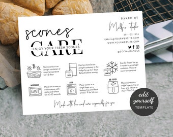 Puede incluir: Ilustración en blanco y negro de una guía para almacenar y recalentar scones. La guía incluye instrucciones para almacenar en el refrigerador, congelar, recalentar en el microondas, horno y freidora de aire. El texto dice "Scones Care: Enjoy Your Fresh Scones".