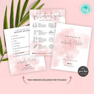 Puede incluir: Dos tarjetas imprimibles rosas y blancas con una gu&iacute;a de tratamiento de puntos para el cuidado de la piel. La gu&iacute;a incluye los pasos para aplicar un tratamiento de puntos y una rutina de cuidado de la piel. El texto de la tarjeta dice "Gu&iacute;a de tratamiento de puntos", "Rutina de cuidado de la piel", "Hecho con amor por", "Essentials by Michelle" y "Comprar en l&iacute;nea".