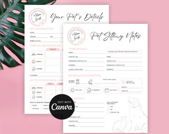 Pet Sitter Templates Canva, Custom Pet Boarding Forms, Printable Dog Sitter Care Instructions, Pink Blue Cream, Instant Download
