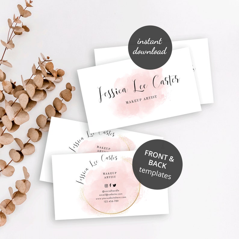 May include: Two business cards with a pink watercolor design. The front card features the name "Jessica Lee Carter" and the text "Makeup Artist". The back card features the same name and text, along with social media icons, an email address, a website address, and a phone number.