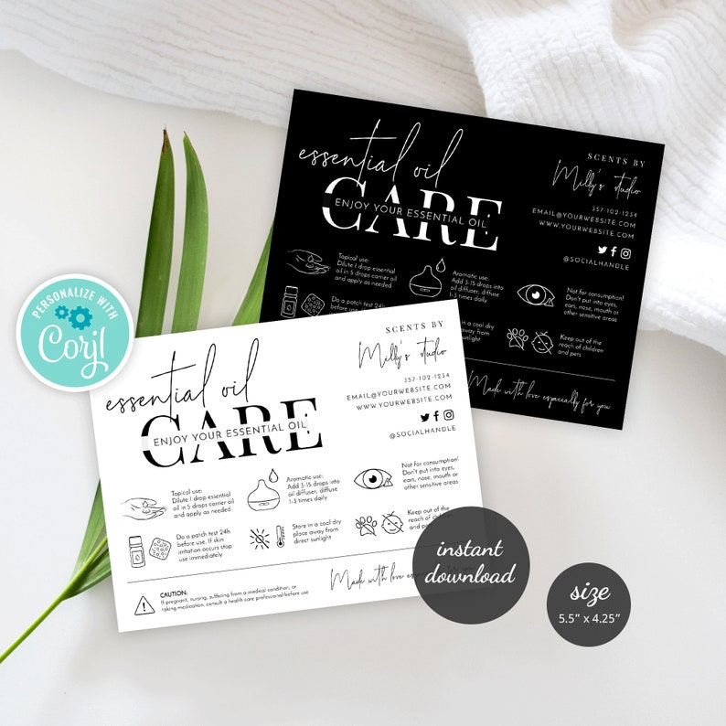 Editable Essential Oil Care Card Template, Aromatherapy Oils Warning ...