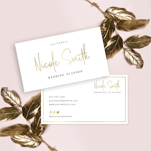 Modelo de cartão de visita com efeito dourado, cartões de visita "faça você mesmo", cartões de visita para impressão, design de cartões corporativos, cartão de visita para planejador de casamentos, GF-01