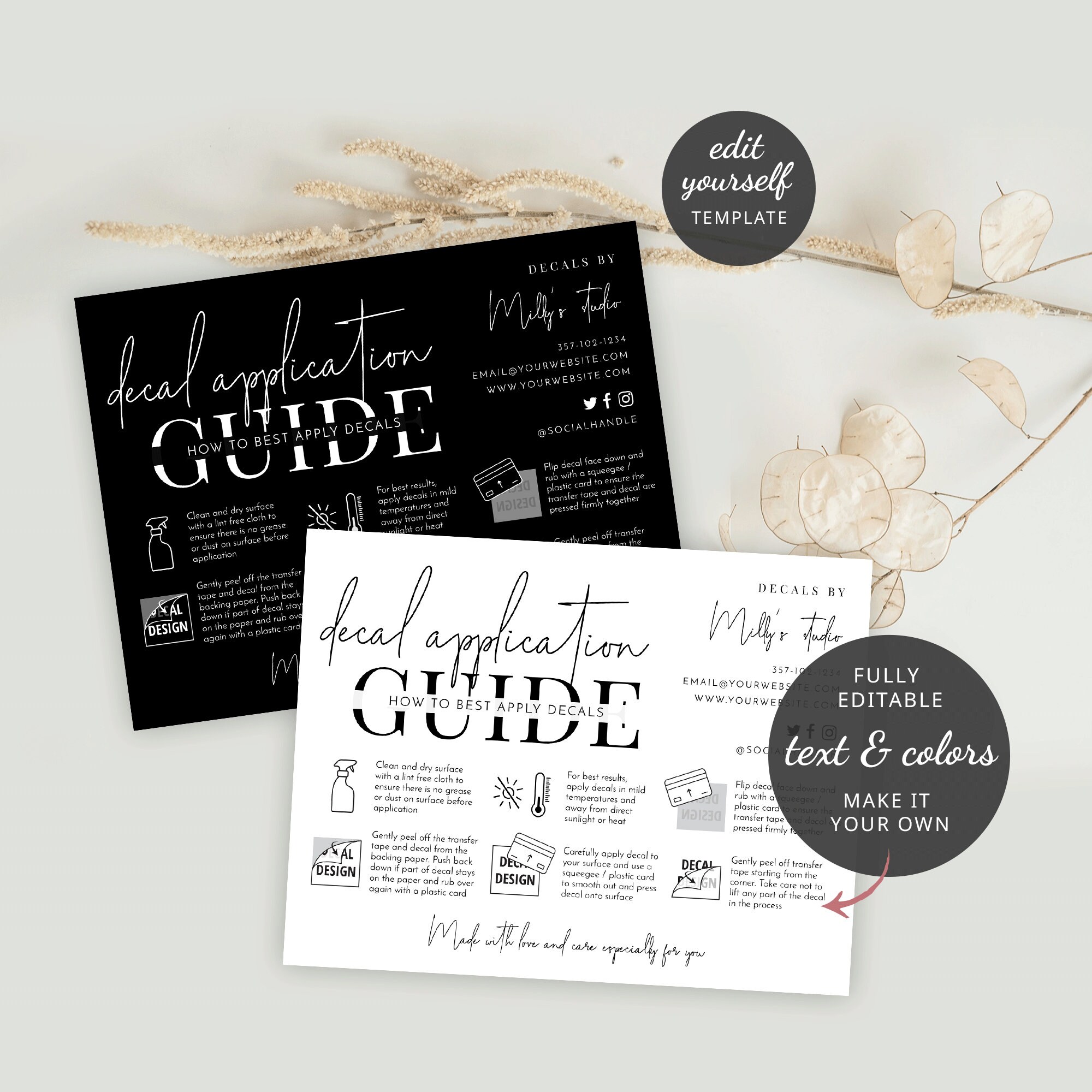 Sticker Guide Application Decal Application Instructions Cards, Custom Vinyl Decals Care Card ...