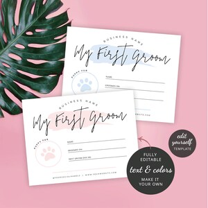Pode incluir: Dois cart&otilde;es imprim&iacute;veis com um design de aquarela rosa e azul. Os cart&otilde;es dizem "My First Groom" e t&ecirc;m um &iacute;cone de pata. Os cart&otilde;es s&atilde;o para um neg&oacute;cio de grooming para animais de estima&ccedil;&atilde;o e t&ecirc;m espa&ccedil;o para escrever o nome do animal de estima&ccedil;&atilde;o, a data do grooming e a pr&oacute;xima data do grooming.