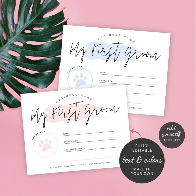 Pode incluir: Dois cart&otilde;es imprim&iacute;veis com um design de aquarela rosa e azul. Os cart&otilde;es dizem "My First Groom" e t&ecirc;m um &iacute;cone de pata. Os cart&otilde;es s&atilde;o para um neg&oacute;cio de grooming para animais de estima&ccedil;&atilde;o e t&ecirc;m espa&ccedil;o para escrever o nome do animal de estima&ccedil;&atilde;o, a data do grooming e a pr&oacute;xima data do grooming.