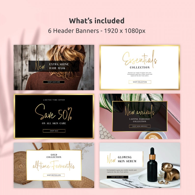 Pu&ograve; includere: Sei banner di intestazione per i social media per un marchio di bellezza o cura della pelle. I banner presentano accenti dorati e testo che recita "Nuovo", "Maschera per capelli extra lucentezza", "Collezione Essentials", "Risparmia il 50%", "Nuovi arrivi", "Collezione luminosit&agrave; duratura", "Preferiti di sempre", "Siero per la pelle luminosa".