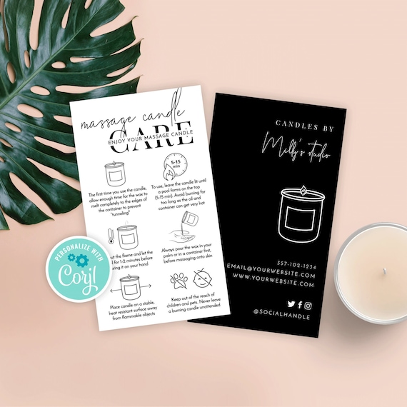Massage Candle Safety Guide Template, Minimalist Massage Soy Wax Candle Care Card, MINI Essential Oil Candle Care Instructions Instant M-002