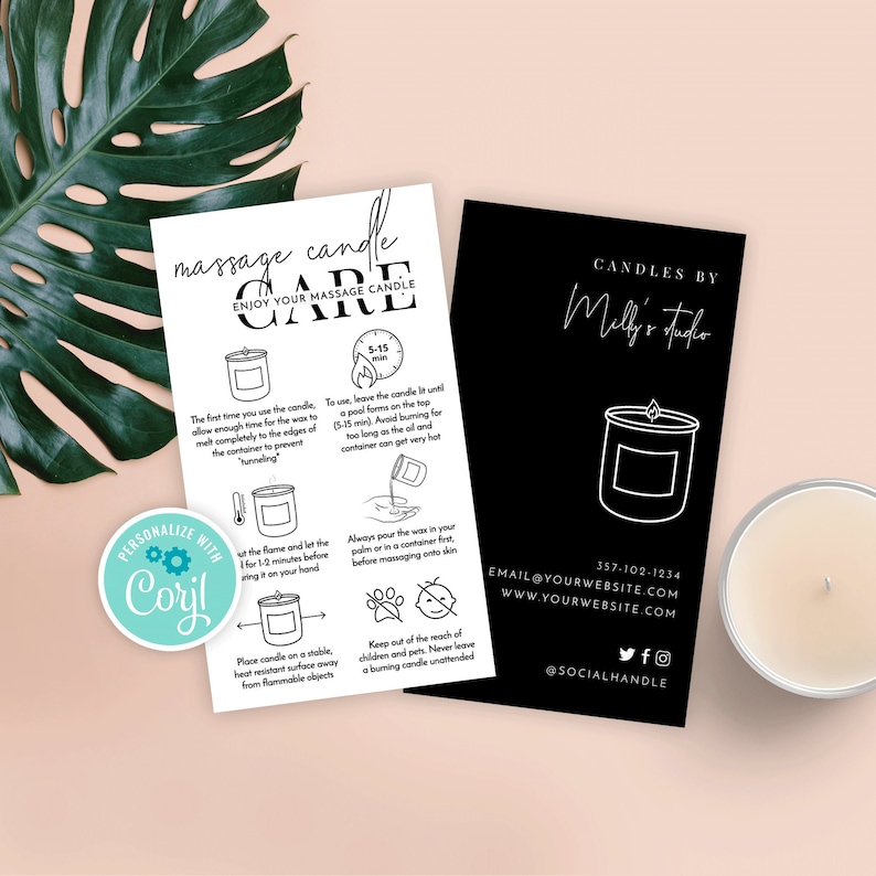 May include: Black and white graphic design with instructions on how to use a massage candle. The text reads "Massage Candle Care" and "Enjoy Your Massage Candle". The graphic includes a candle, a timer, and a hand pouring wax. The text also includes "Personalize with Coril".