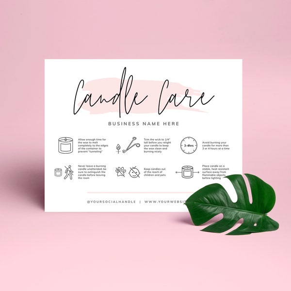 Editable Candle Care Card, Printable Candle Care Template, Pink Watercolor Candles Care Guide, Candle Safety Card Design, Instant, PW-001