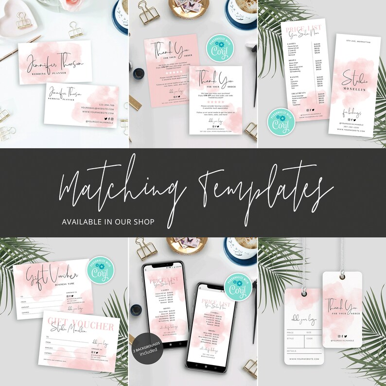 Pu&ograve; includere: Un set di modelli stampabili rosa e bianchi con uno sfondo ad acquerello. I modelli includono un buono regalo, un listino prezzi, un biglietto di ringraziamento, un biglietto da visita e un post sui social media. I modelli sono progettati per un wedding planner, uno stilista e un piccolo imprenditore.