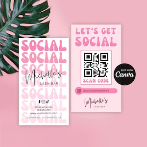 Trendy QR Code Business Card Canva Template, Retro Pink Social Media Business Cards Design, Groovy Connect With Us Scannable Card, PGR1
