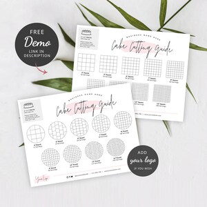 May include: A printable cake cutting guide with a pink background and black text. The guide shows how to cut square and round cakes into different serving sizes. The guide includes the text "Cake Cutting Guide" and "Add your logo if you wish".