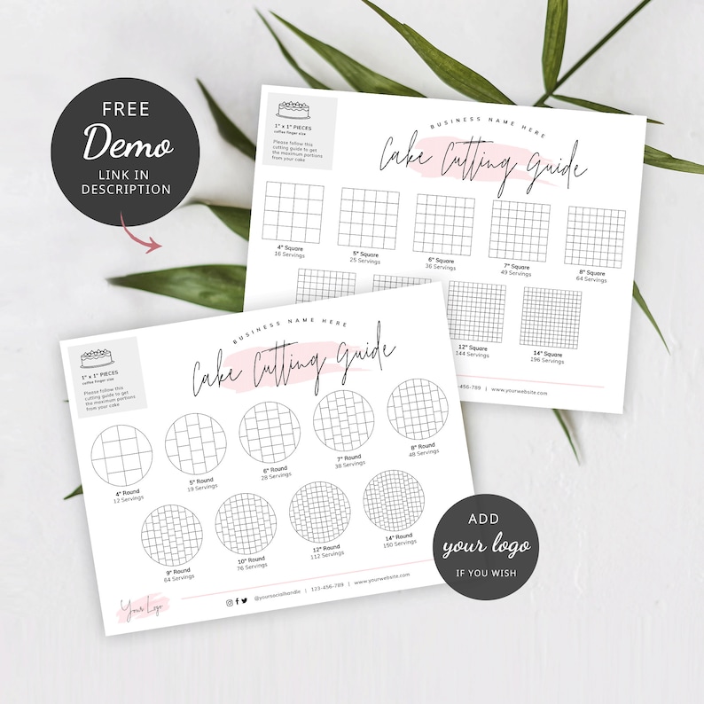 May include: A printable cake cutting guide with a pink background and black text. The guide shows how to cut square and round cakes into different serving sizes. The guide includes the text "Cake Cutting Guide" and "Add your logo if you wish".