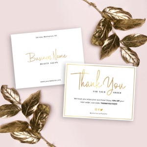 Tarjeta de agradecimiento comercial editable, plantilla de agradecimiento por su pedido en dorado falso, inserto de paquete personalizado, nota de agradecimiento con efecto metálico, GF-01