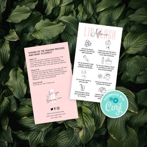 Sjabloon lipblush-nazorg, bewerkbare kaart met instructies voor liptattooverzorging, afdrukbare gids voor liptint nazorg, schoonheidsvisitekaartjes P01