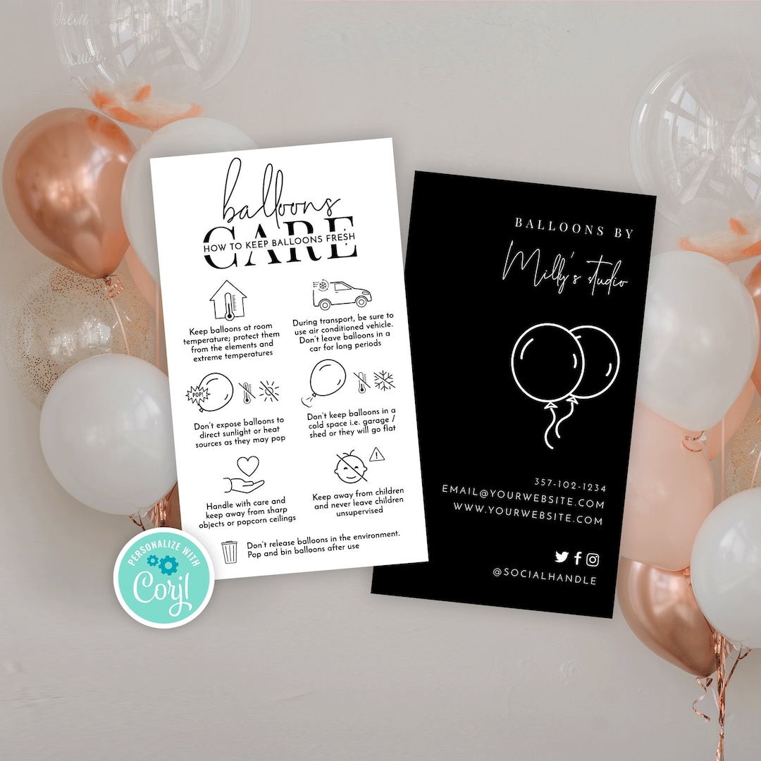 Balloons Care Card Template, Editable Air and Helium Balloon Safety