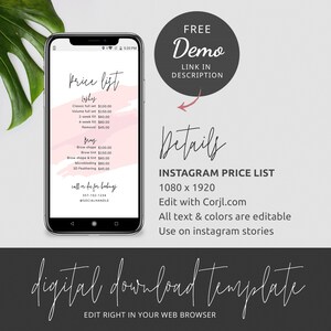 Digital beauty salon price list template for Instagram stories. This customizable 1080 x 1920 social media pricing guide includes space for your services and pricing and has blush watercolor background
