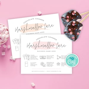 Modelo de cartão de cuidados com marshmallows de chocolate, guia editável para armazenamento de marshmallows banhados em chocolate, instruções de cuidados para confeitaria feminina, PW-001