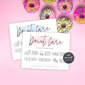 Bewerkbare onderhoudskaart donuts, afdrukbare sjabloon onderhoudsinstructies donut, vrouwelijke roze aquarel bakkerijgids, directe toegang, PW-001
