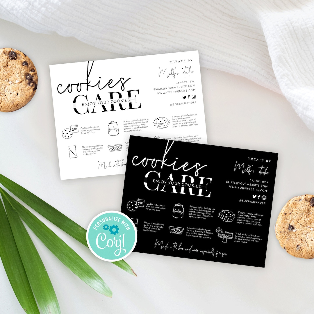 Printable Cookies Care Card, Editable Cookie Care Instructions Template