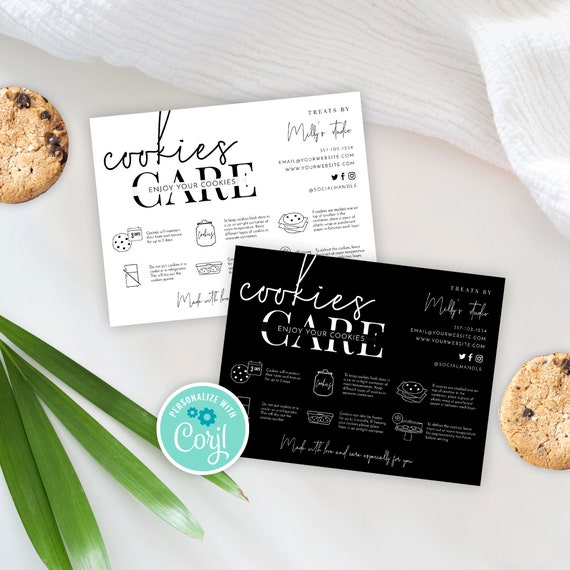 Printable Cookies Care Card, Editable Cookie Care Instructions Template, Minimalist Bakery Care Guides, Biscuits Care Note, Instant, M-002