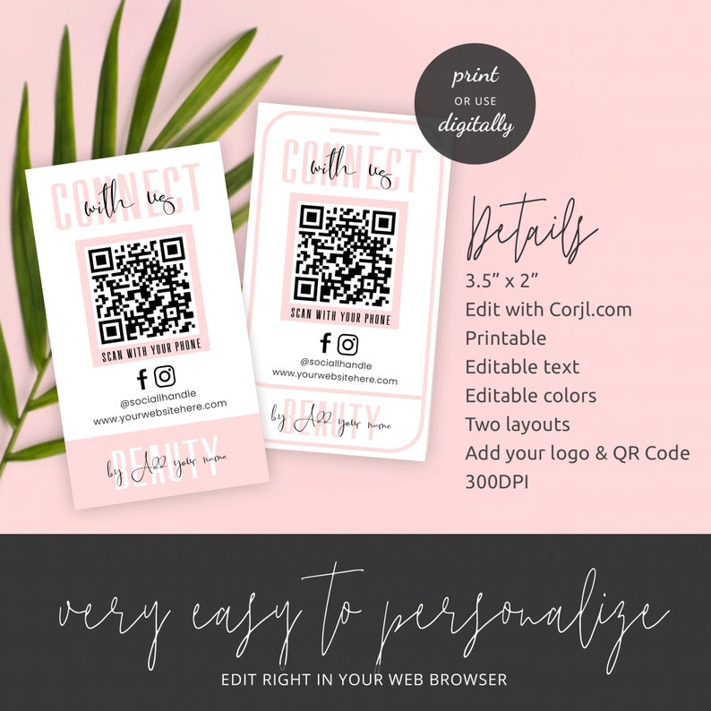 Social Media QR Code Business Cards Template, Editable Connect With Us QR Code Cards, Printable Follow Us Cards Feminine Pink Design, P01 image 5