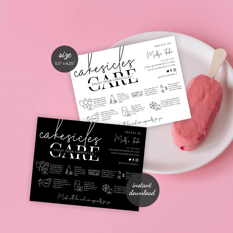 Puede incluir: Dos tarjetas imprimibles en blanco y negro con instrucciones sobre c&oacute;mo cuidar los cakesicles. Las tarjetas miden 5,5 pulgadas por 4,25 pulgadas y presentan el texto "cakesicles care" y "enjoy your cakesicles". Las tarjetas tambi&eacute;n incluyen el texto "treats by" y "Milfs Treats".