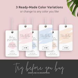 May include: Three different color variations of a printable gift tag template for a fashion boutique. The tags feature a brushstroke design in pink, blue, and peach. The text on the tags includes "Fashion Boutique", "California", "Thank you for your purchase", "Save 10% on your next order, use code THANKYOUSO", "Get Social", and "Contact us".
