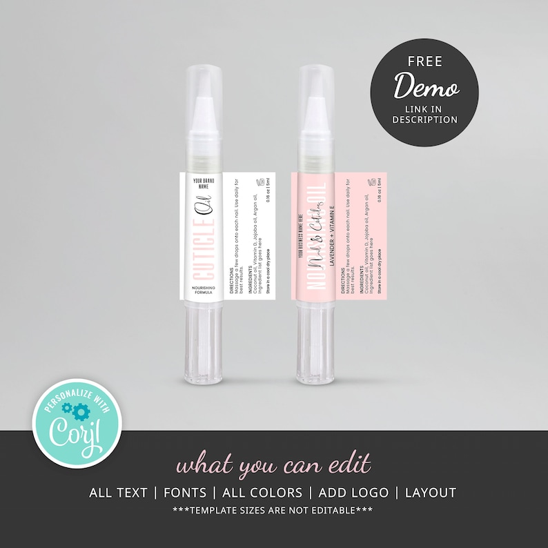 K&ouml;nnte beinhalten: Zwei durchsichtige Plastikflaschen mit wei&szlig;en Etiketten. Die Etiketten sind rosa und wei&szlig; und tragen den Text "Cuticle Oil" und "Nourish & Shine Oil Lavender & Vitamin E". Die Flaschen sind zum Verkauf und k&ouml;nnen mit Text, Schriftarten, Farben, einem Logo und einem Layout personalisiert werden.