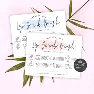 Onderhoudsinstructies lippenscrubborstel, sjabloon voor exfoliërende lippenborstel, aanpasbaar lipmassageborsteltje Afdrukbare onderhoudskaarten, PW-001