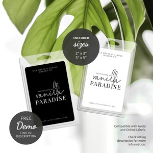 May include: Two wax melt labels with the text "Vanilla Paradise" in black and white. The labels are in clear plastic packaging. The label on the left is black with white text and the label on the right is white with black text. The text "Included sizes" is in a circle above the labels. The text "2" x 3" and "3" x 5" are below the circle. The text "Wax Melts & Candle Makers Co." is on both labels. The text "Hand Poured Wax Melts" is on both labels. The text "Made in California | 1 oz" is on both labels. The text "Free Demo Link in Description" is below the labels. The text "Compatible with Avery and Online Labels. Check listing description for more information." is below the labels.