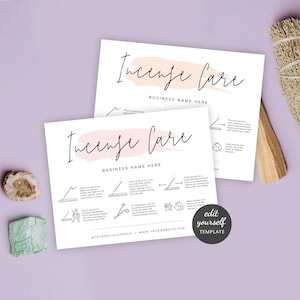 Op de afbeelding: Een printbare gids met instructies over het gebruik van wierookstokjes. De gids bevat illustraties van brandende wierookstokjes en een roze aquarel achtergrond. De tekst luidt "Incense Care" en "Bedrijfsnaam hier".
