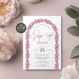 Szablon zaproszenia na Girly Pop Up Shop, niestandardowa ulotka na letni targ, ulotka marketingowa na wyprzedaż butikową, cyfrowe pobieranie zaproszeń Sip & Shop